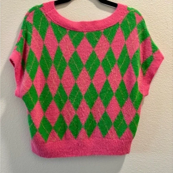 Free People Through The Motions Argyle Sweater Vest, pink + green, size S - Picture 4 of 7